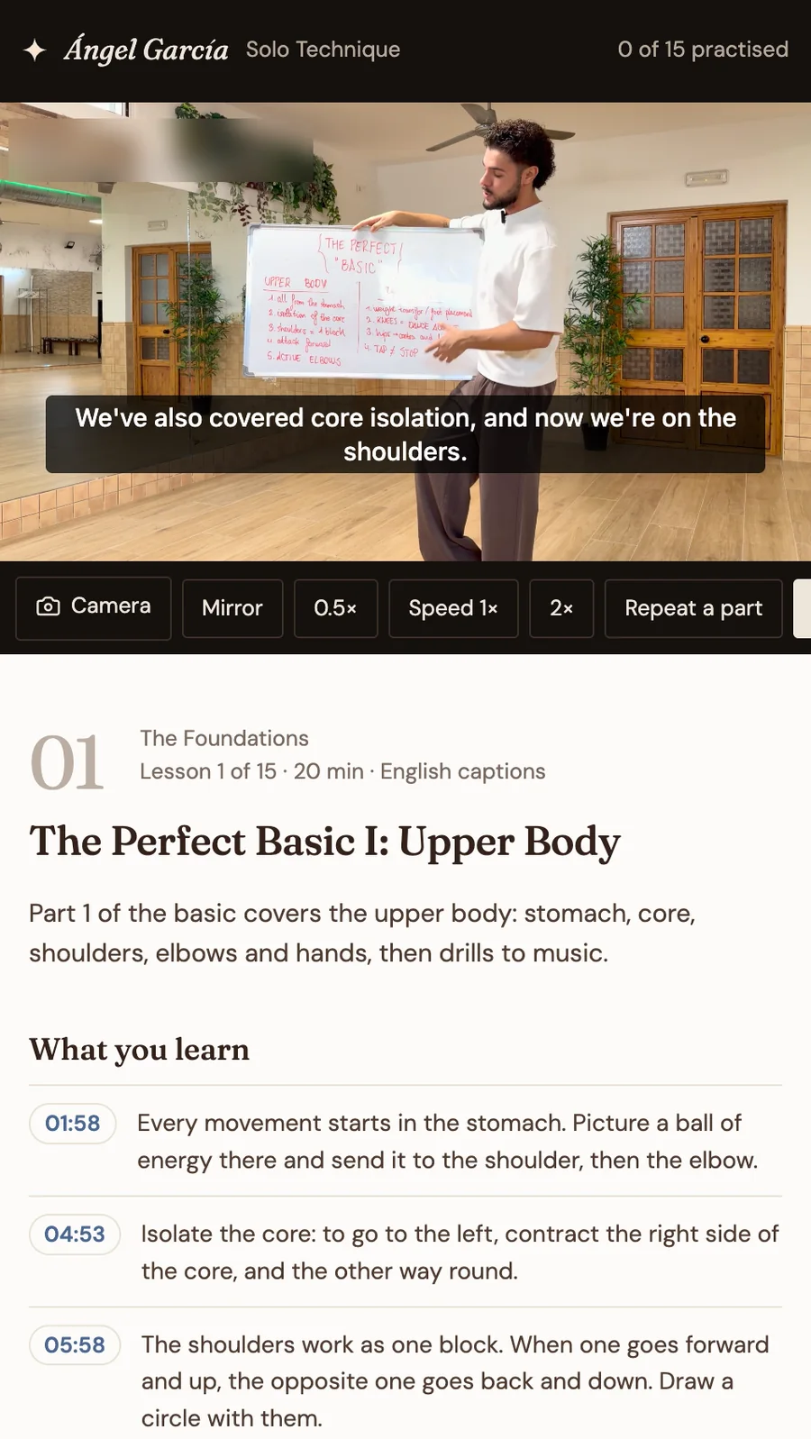A lesson player: video with captions, speed controls and chapter notes