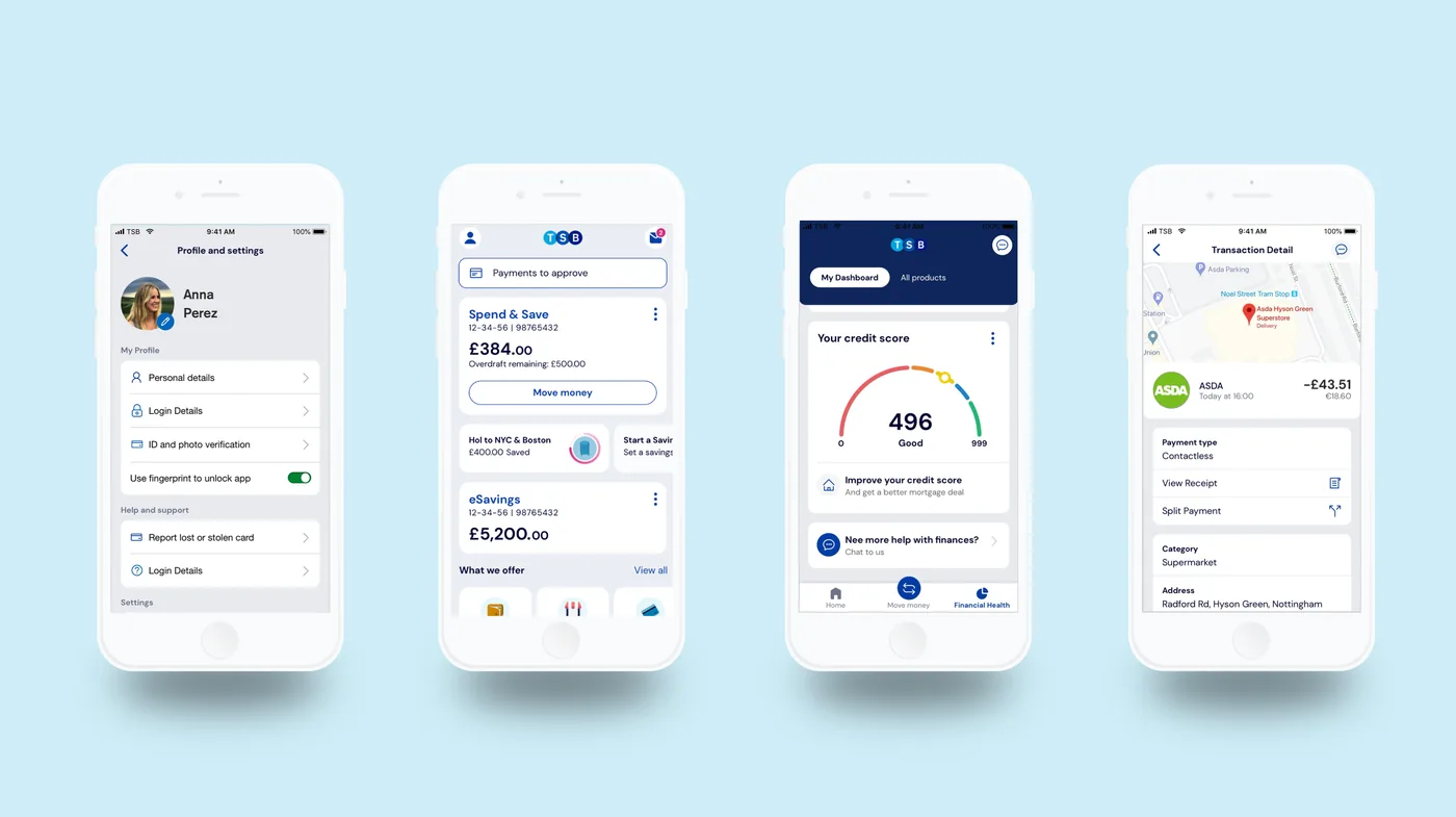 Four TSB mobile app screens on white phones