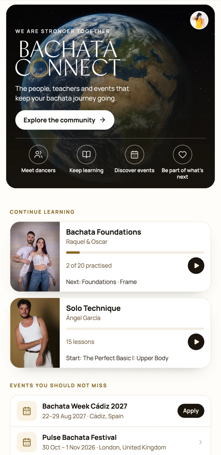 Bachata Connect home screen with continue-learning cards and upcoming events